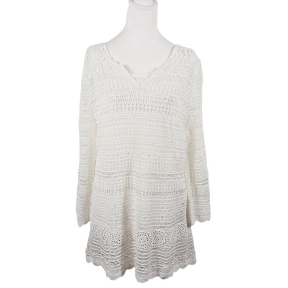 NWT Hot in Hollywood, Split V Neck 3/4 Sleeve Crochet Tunic, White, Size Medium - Picture 1 of 16